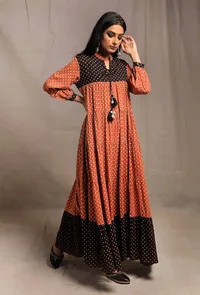 Rust Orange Contrast Printed Tier Long Dress image 3