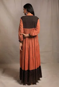 Rust Orange Contrast Printed Tier Long Dress image 4