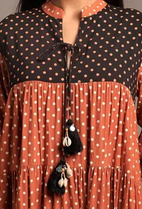 Rust Orange Contrast Printed Tier Long Dress image 5