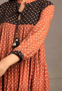 Rust Orange Contrast Printed Tier Long Dress image 6