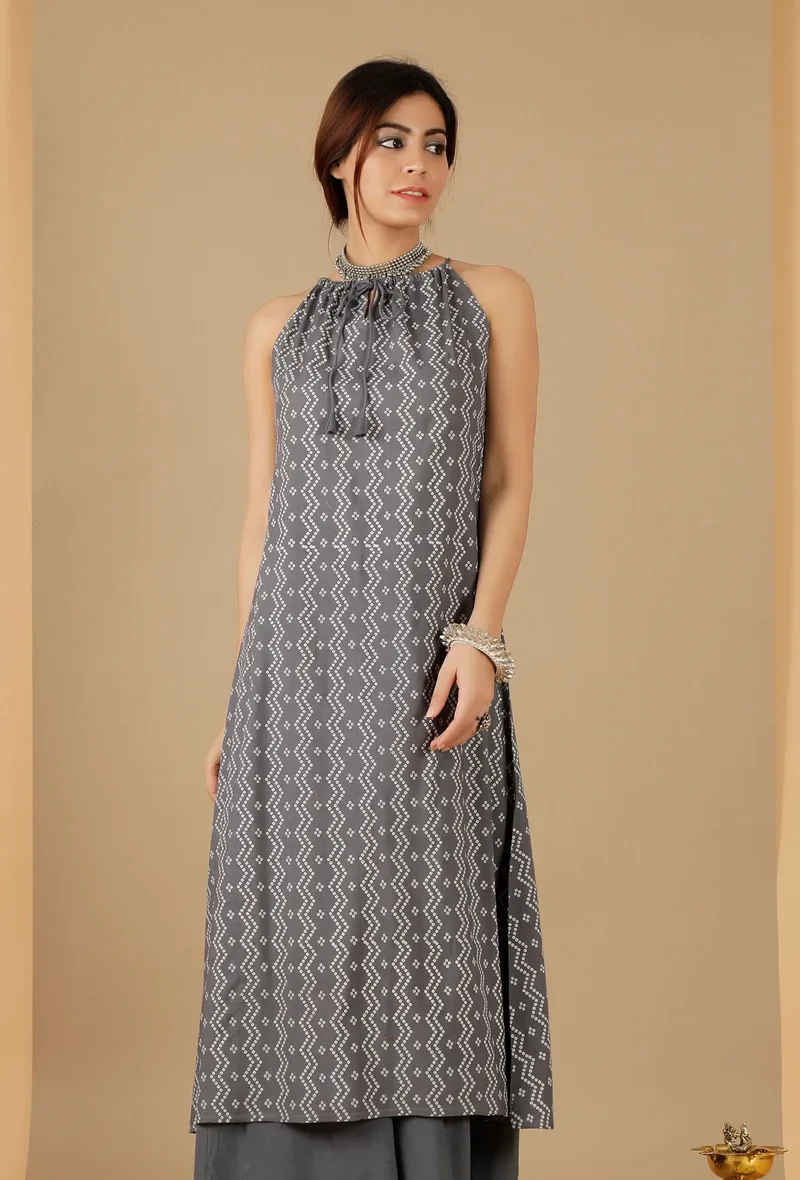 Grey Bandhani Halter Neck Gathered Kurta