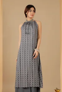 Grey Bandhani Halter Neck Gathered Kurta image 1