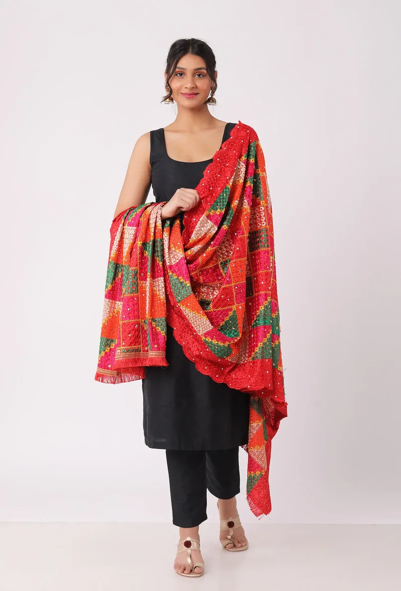 Tomatoe red allover embriodred phoolkari dupatta