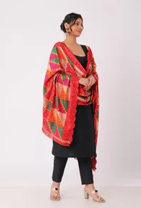 Tomatoe red allover embriodred phoolkari dupatta image 3