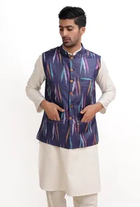 Azure Blue Ikat Nehru Jacket image 2