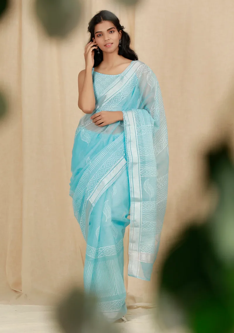 Set Of 2: Sky Blue Kota Doria Cotton Saree With 
Embroidered Stitched Blouse