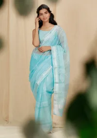 Set Of 2: Sky Blue Kota Doria Cotton Saree With 
Embroidered Stitched Blouse image 1