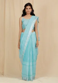 Set Of 2: Sky Blue Kota Doria Cotton Saree With 
Embroidered Stitched Blouse image 2