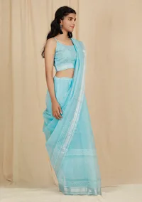 Set Of 2: Sky Blue Kota Doria Cotton Saree With 
Embroidered Stitched Blouse image 3