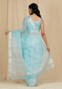 Set Of 2: Sky Blue Kota Doria Cotton Saree With 
Embroidered Stitched Blouse image 4