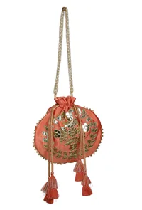 Sunkissed Peach Gota Patti Silk Potli image 3