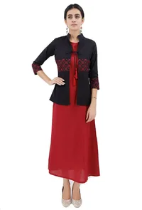 Short Black Cape With Maroon Kantha Embroidery image 1