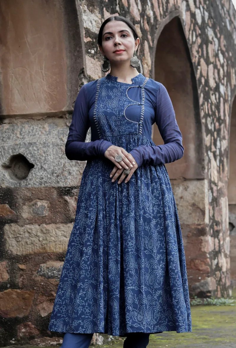 Jemin Indigo Cotton Hand Block Printed Pishwas Style Kurta Dress