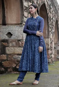 Jemin Indigo Cotton Hand Block Printed Pishwas Style Kurta Dress image 2