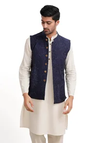 Royal Blue Ikat Nehru Jacket image 1
