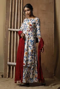 Set Of 3: Kalamkari Kurta And Palazzos With Red Crushed Dupatta image 1