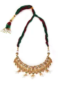 Rajvilas Temple Heritage Kemp Necklace Set with Pearls image 2