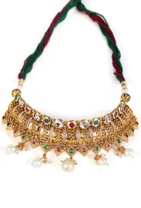 Rajvilas Temple Heritage Kemp Necklace Set with Pearls image 3