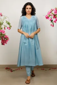 Set of 2: Blue Kota Cotton Gathered Kurta with Blue straight Cotton Pants image 1