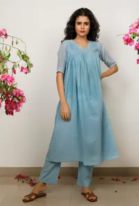 Set of 2: Blue Kota Cotton Gathered Kurta with Blue straight Cotton Pants image 2