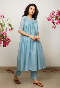 Set of 2: Blue Kota Cotton Gathered Kurta with Blue straight Cotton Pants image 4