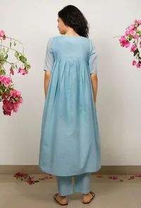 Set of 2: Blue Kota Cotton Gathered Kurta with Blue straight Cotton Pants image 5