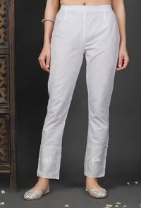White Cotton Pants with Embroidered Organza image 1