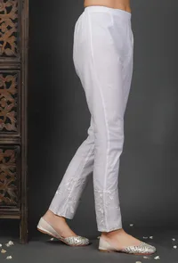 White Cotton Pants with Embroidered Organza image 2
