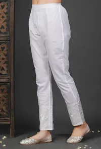 White Cotton Pants with Embroidered Organza image 3