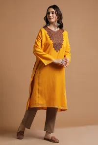 Carrot Orange Kashmiri Sozni Embroidery Phiran-Free Size image 2