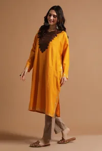 Carrot Orange Kashmiri Sozni Embroidery Phiran-Free Size image 3