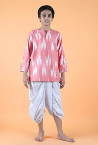Set Of 2- Pink Ikat Cotton Kurta & White Dhoti Pants image 1
