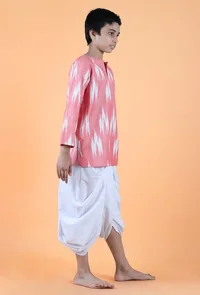 Set Of 2- Pink Ikat Cotton Kurta & White Dhoti Pants image 2