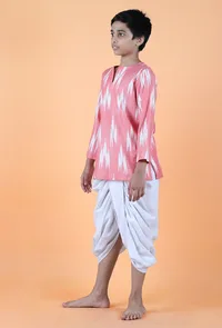 Set Of 2- Pink Ikat Cotton Kurta & White Dhoti Pants image 3