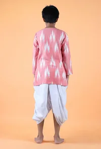 Set Of 2- Pink Ikat Cotton Kurta & White Dhoti Pants image 4