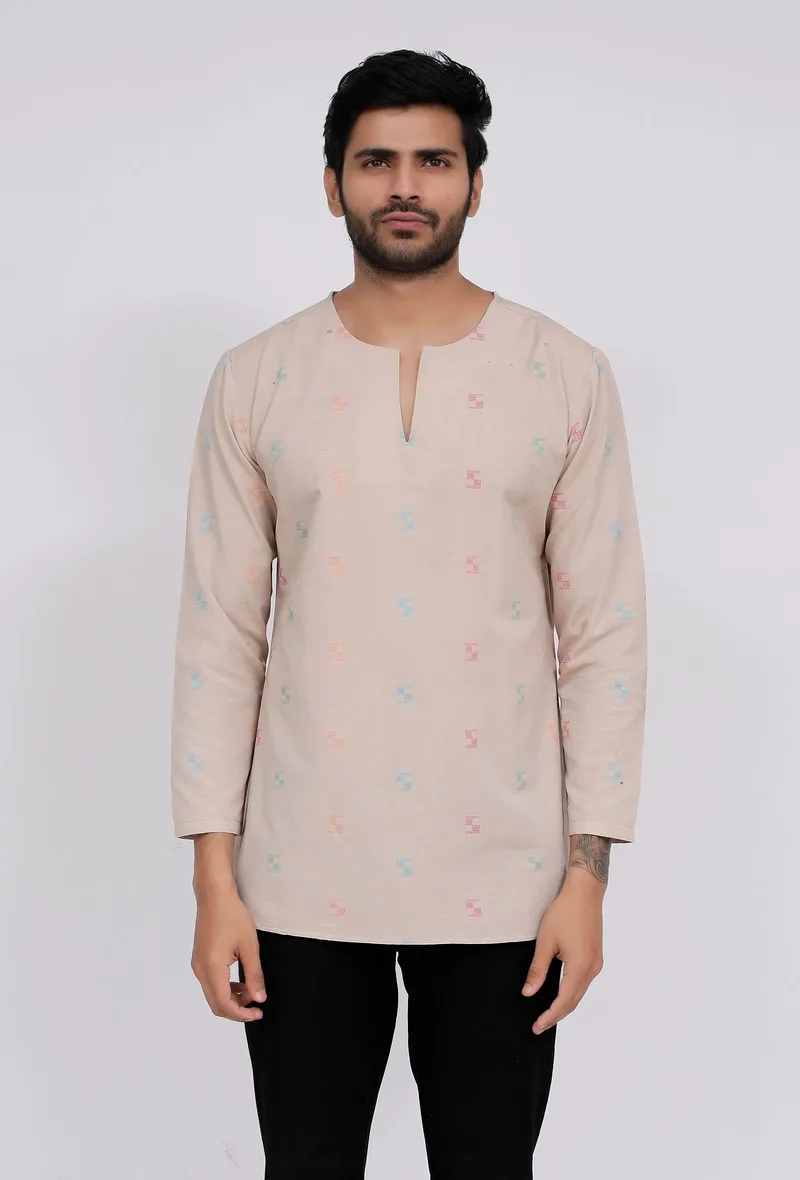 Beige Dobby Round Neck kurta
