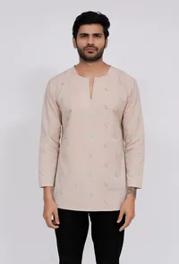 Beige Dobby Round Neck kurta image 1