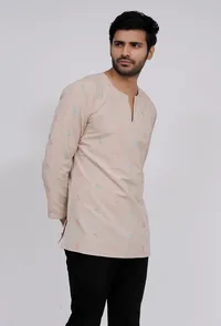 Beige Dobby Round Neck kurta image 2