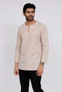 Beige Dobby Round Neck kurta image 3