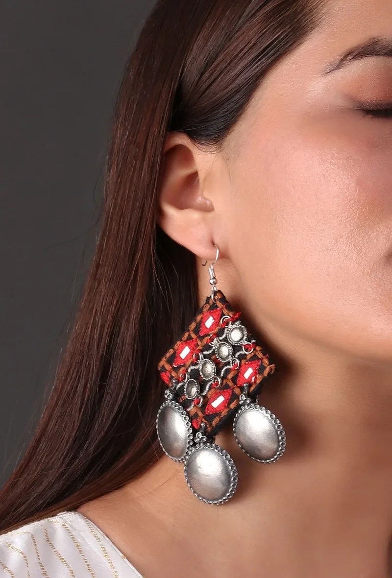 Red and Black Squared Kutch Earrings