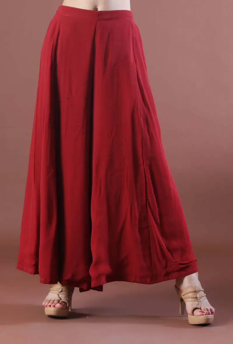 Cherry Red Plain Georgette Flared Pants