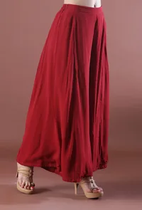 Cherry Red Plain Georgette Flared Pants image 2