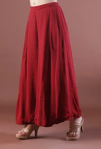 Cherry Red Plain Georgette Flared Pants image 3