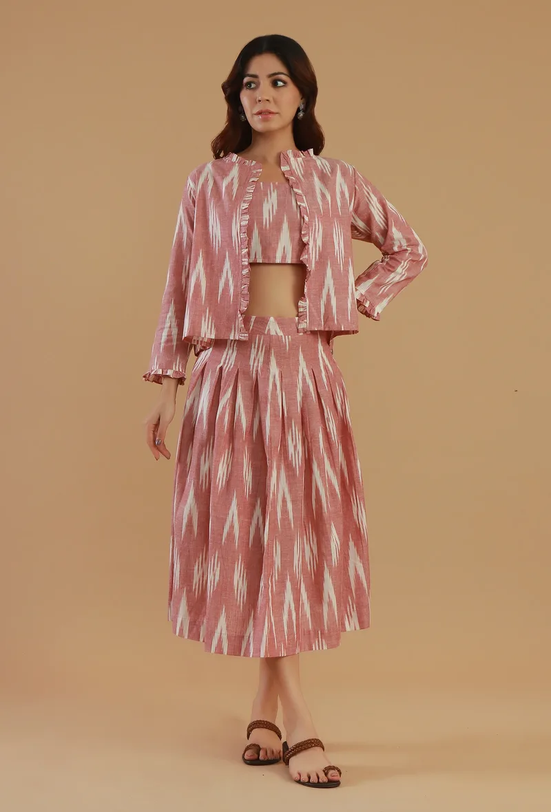 Set of 3: Pink Ikat Cotton Three-Piece Co-ord Set with Top, Jacket & Skirt