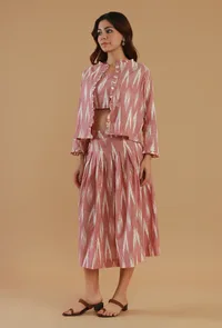 Set of 3: Pink Ikat Cotton Three-Piece Co-ord Set with Top, Jacket & Skirt image 2