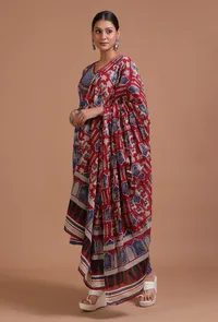 Set Of 3: Blue & Maroon Cotton Hand Embroidered Dress With Pant & Dupatta image 1