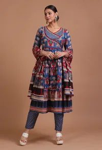 Set Of 3: Blue & Maroon Cotton Hand Embroidered Dress With Pant & Dupatta image 2