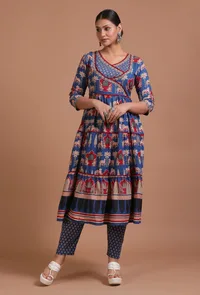 Set Of 3: Blue & Maroon Cotton Hand Embroidered Dress With Pant & Dupatta image 3