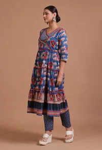 Set Of 3: Blue & Maroon Cotton Hand Embroidered Dress With Pant & Dupatta image 4