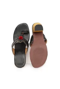 Charcoal Black with Yellow Brocade Kolhapuri Inspired Heels image 2